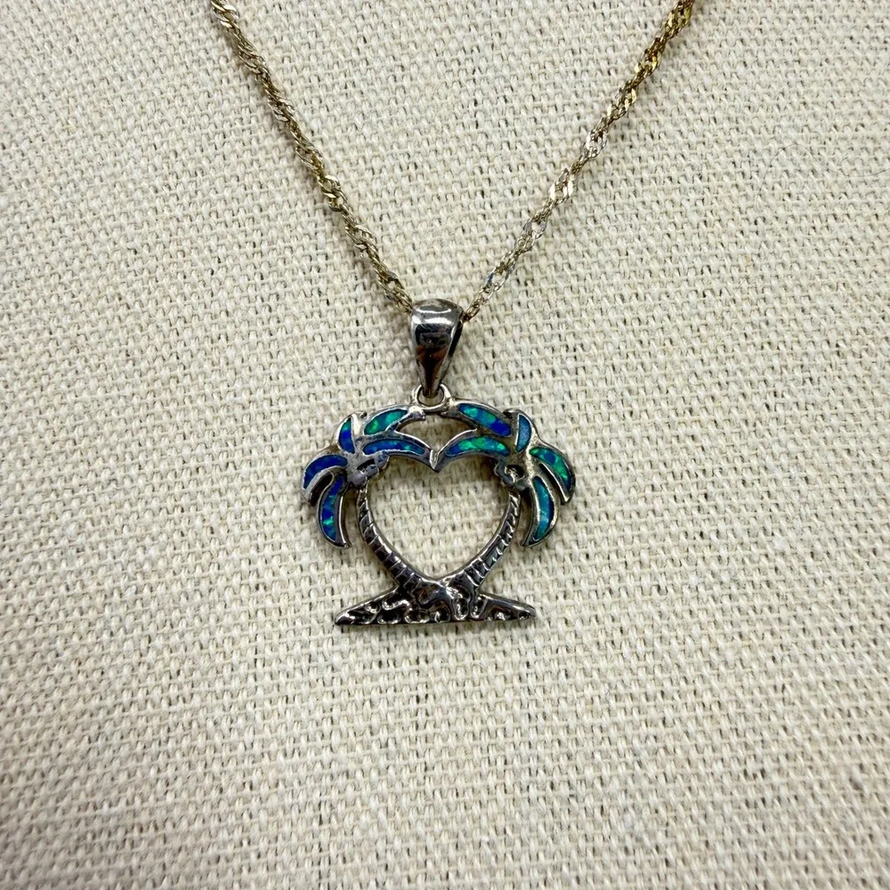 Sterling Silver Opal‎ Palm Tree Heart Necklace Pendant Beach Vacation Island